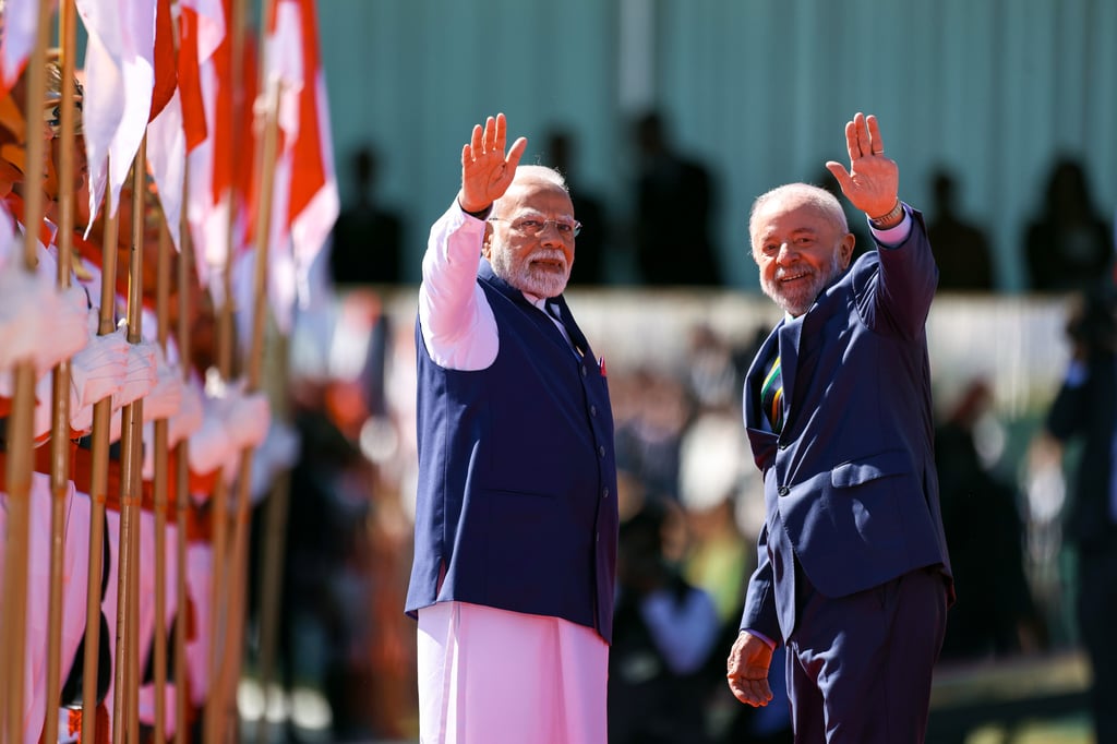 Indian Prime Minister Narendra Modi (left) and Brazilian President Luiz Inácio Lula da Silva during a ceremonial welcome for Modi at the Alvorada Palace in Brasilia on Tuesday. Photo: dpa Indian Prime Minister Narendra Modi (left) and Brazilian President Luiz Inácio Lula da Silva during a ceremonial welcome for Modi at the Alvorada Palace in Brasilia on Tuesday. Photo: dpa