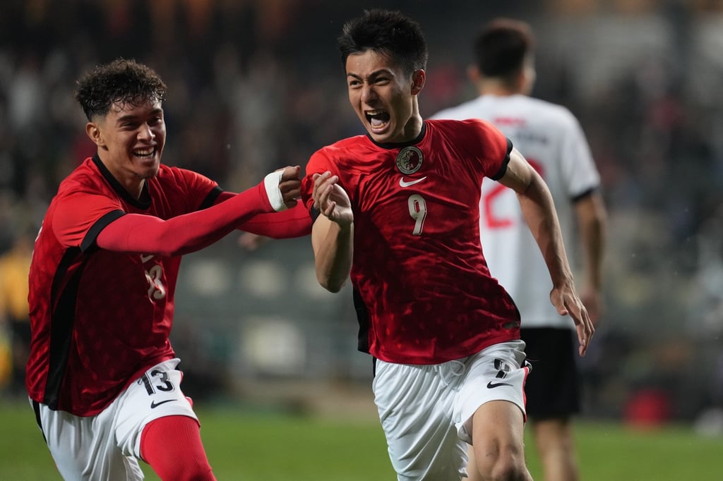 Kyle Lau (right) celebrates his Guangdong-Hong Kong Cup goal with Raphael Merkies. Photo: Elson Li Kyle Lau (right) celebrates his Guangdong-Hong Kong Cup goal with Raphael Merkies. Photo: Elson Li