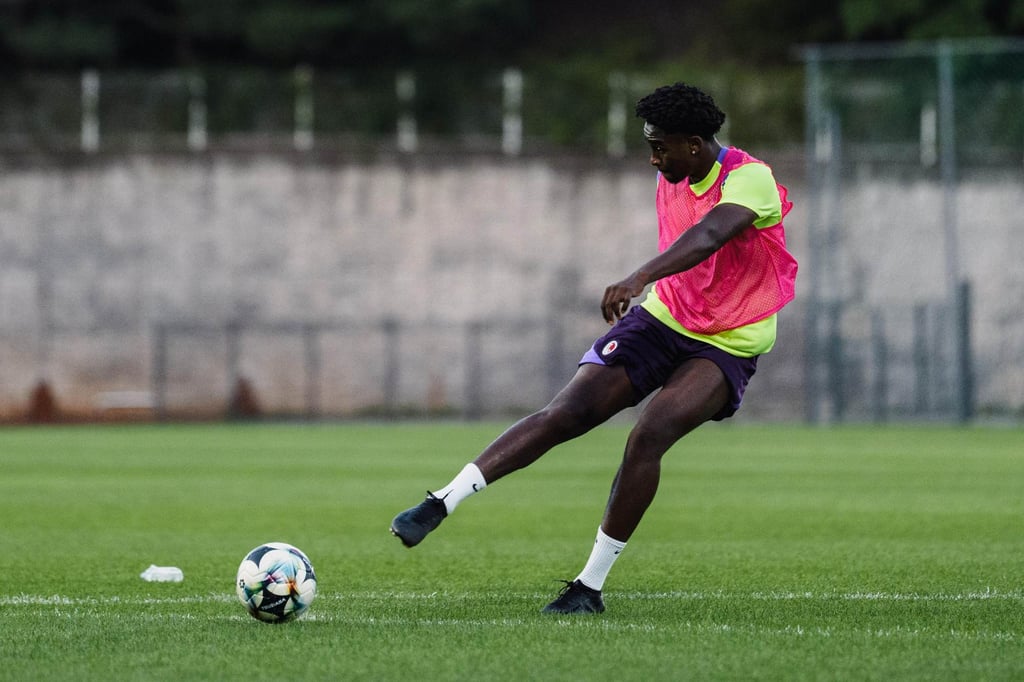 Striker Michael Udebuluzor practices his aim ahead of Hong Kong’s clash with South Korea. Photo: HKFA