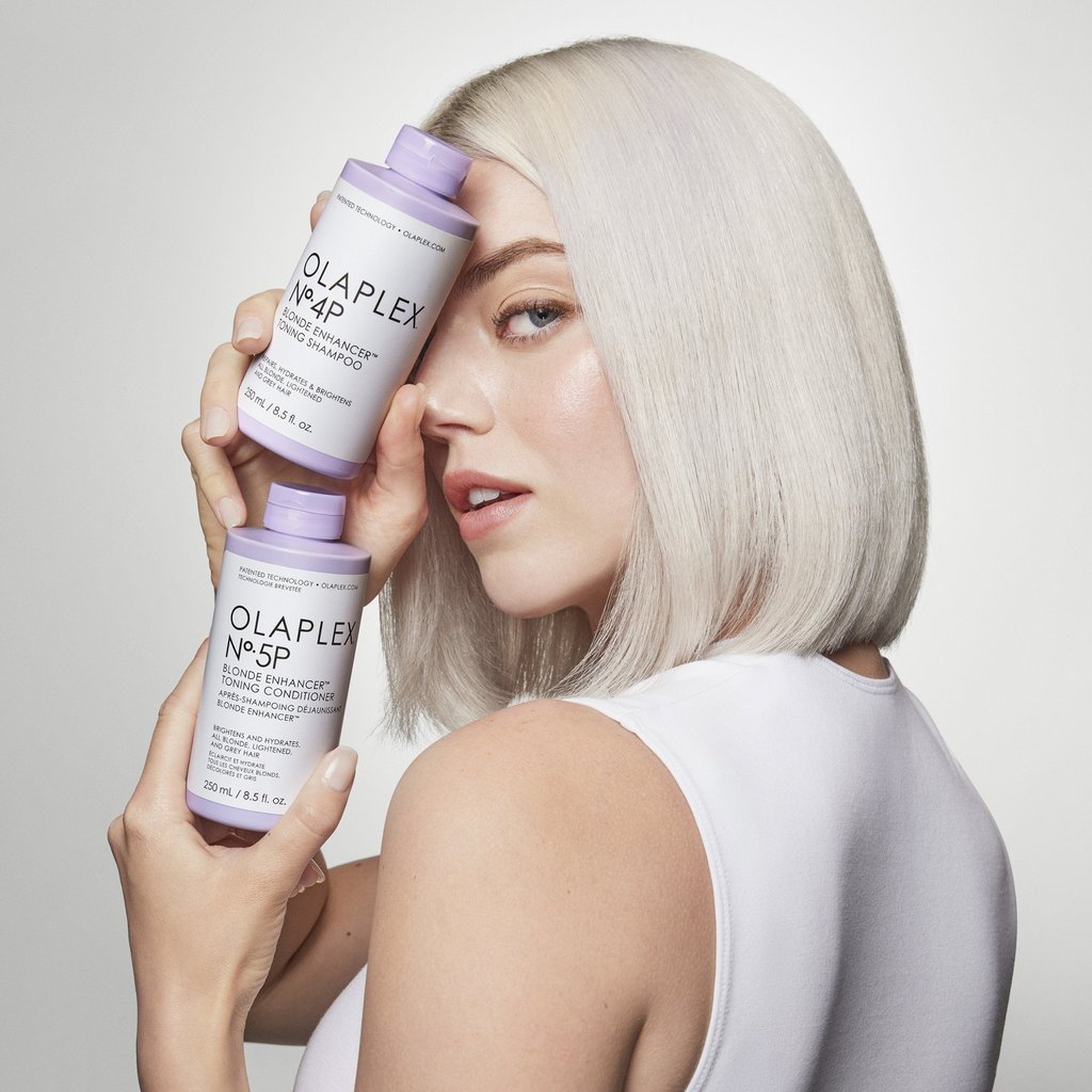 Olaplex’s Blonde Enhancer shampoo and conditioner. Photo: Handout