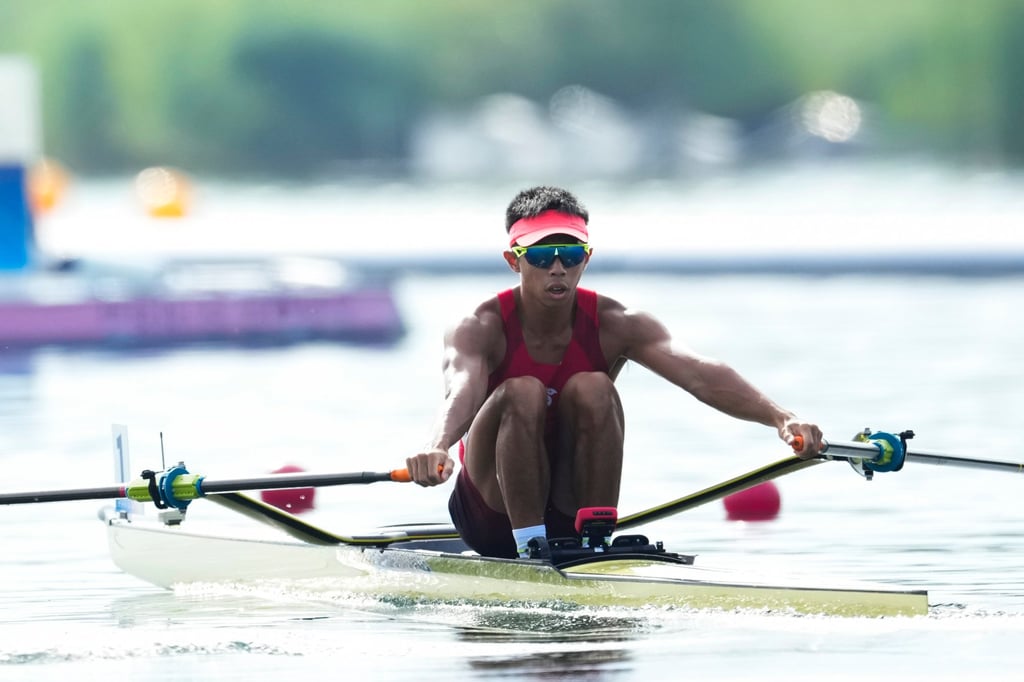 Chiu Hin Chun in action during the men’s single sculls semi-final at the 2024 Summer Olympics in Vaires-sur-Marne. Photo: AP