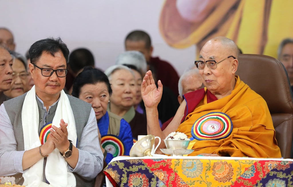 Senior Indian minister Kiren Rijiju attends the 90th birthday celebrations for the Dalai Lama at the Tsuglagkhang Tibetan temple complex near Dharamsala, India, on Sunday. Photo: EPA Senior Indian minister Kiren Rijiju attends the 90th birthday celebrations for the Dalai Lama at the Tsuglagkhang Tibetan temple complex near Dharamsala, India, on Sunday. Photo: EPA