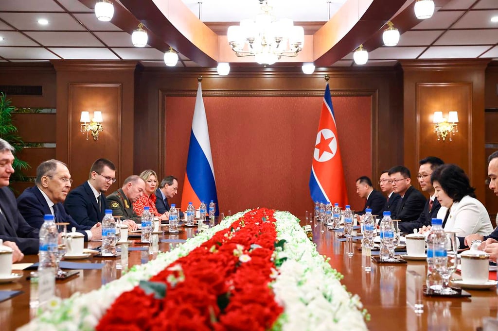 Russian Foreign Minister Sergey Lavrov (second left) and North Korean Foreign Minister Choe Son-hui (second right) take part in talks in Wonsan, North Korea, on Saturday. Photo: Russian Foreign Ministry Press Service via AP Russian Foreign Minister Sergey Lavrov (second left) and North Korean Foreign Minister Choe Son-hui (second right) take part in talks in Wonsan, North Korea, on Saturday. Photo: Russian Foreign Ministry Press Service via AP