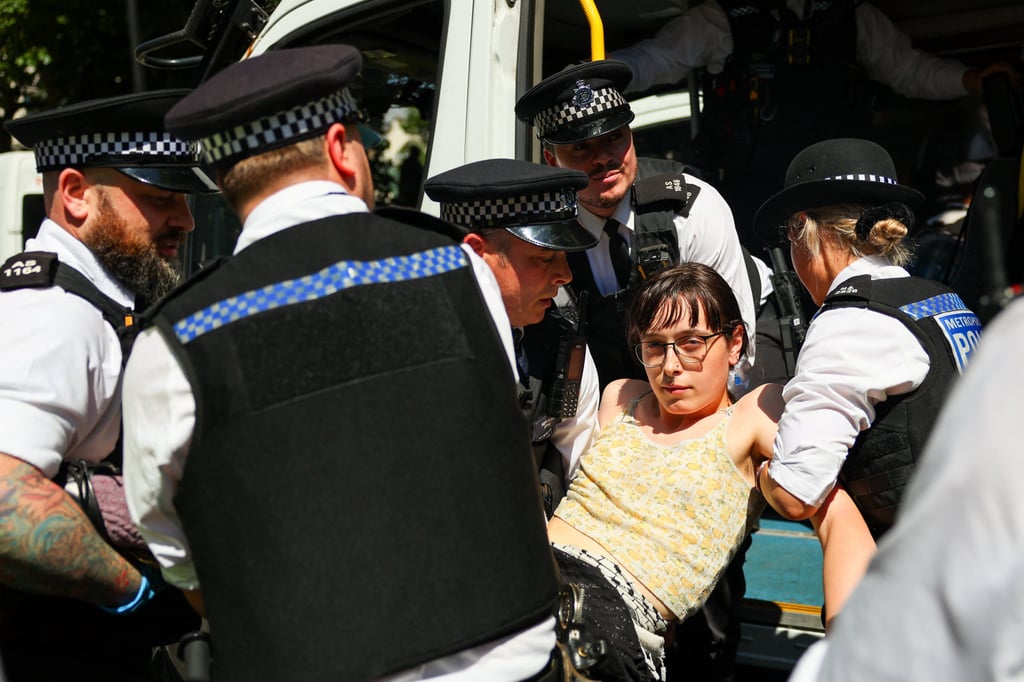 Police officers carry away a protester in support of the Palestine Action group in London on Saturday. Photo: Reuters