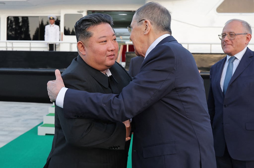 Russian Foreign Minister Sergey Lavrov embraces North Korean leader Kim Jong-un on Saturday. Photo: KCNA/KNS/AFP Russian Foreign Minister Sergey Lavrov embraces North Korean leader Kim Jong-un on Saturday. Photo: KCNA/KNS/AFP