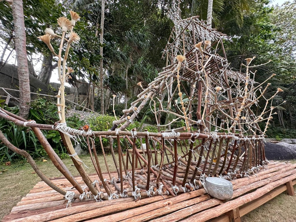 A boat sculpture on Nikoi Island inspired by Southeast Asia’s indigenous Orang Laut seafaring communities. Photo: Ubah Rumah Residency A boat sculpture on Nikoi Island inspired by Southeast Asia’s indigenous Orang Laut seafaring communities. Photo: Ubah Rumah Residency
