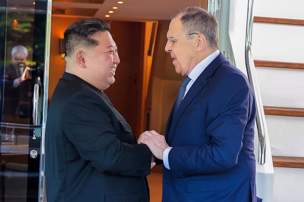 North Korean leader Kim Jong-un (left) greets Russian Foreign Minister Sergey Lavrov during a meeting in Wonsan, North Korea, on Saturday. Photo: KCNA/EPA North Korean leader Kim Jong-un (left) greets Russian Foreign Minister Sergey Lavrov during a meeting in Wonsan, North Korea, on Saturday. Photo: KCNA/EPA