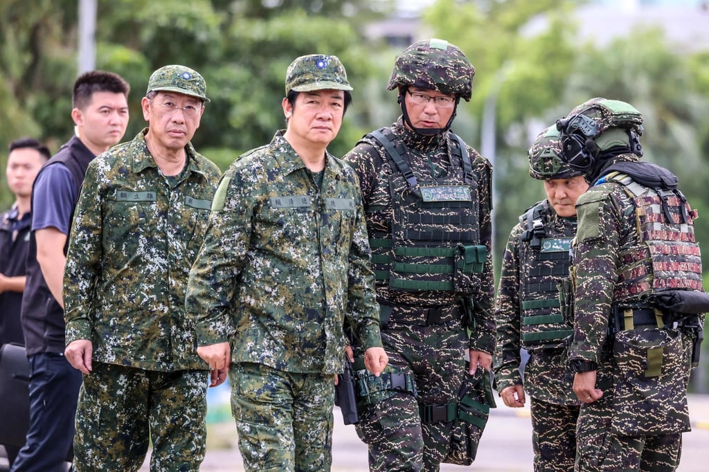 Taiwanese leader William Lai Ching-te (centre) oversees a naval minelaying drill on Monday. Photo: AFP Taiwanese leader William Lai Ching-te (centre) oversees a naval minelaying drill on Monday. Photo: AFP