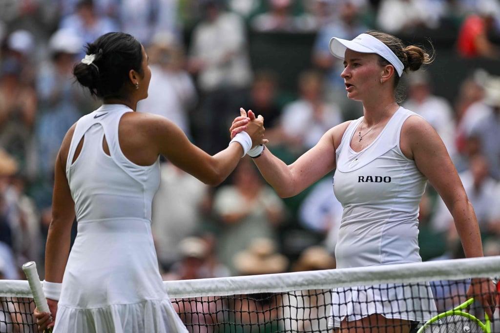 Czech Republic’s Barbora Krejčíková (right) shakes hands with the Philippines’ Alexandra Eala after winning their women’s singles first-round tennis match at the 2025 Wimbledon Championships, on July 1. Photo: Agence France-Presse