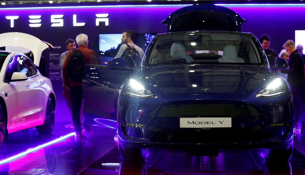 Tesla’s bestselling Model Y is seen on display at an exhibition and convention in London. Photo: Reuters Tesla’s bestselling Model Y is seen on display at an exhibition and convention in London. Photo: Reuters