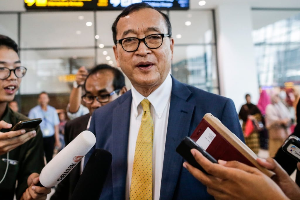Former Cambodian opposition leader Sam Rainsy talks to journalists at Jakarta’s Soekarno-Hatta International Airport in 2019. He has now lived in self-exile for the best part of a decade. Photo: EPA-EFE Former Cambodian opposition leader Sam Rainsy talks to journalists at Jakarta’s Soekarno-Hatta International Airport in 2019. He has now lived in self-exile for the best part of a decade. Photo: EPA-EFE