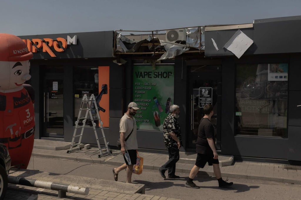 A shop that was hit by a Russian FPV explosive drone in the town of Dobropillia. Photo: AFP