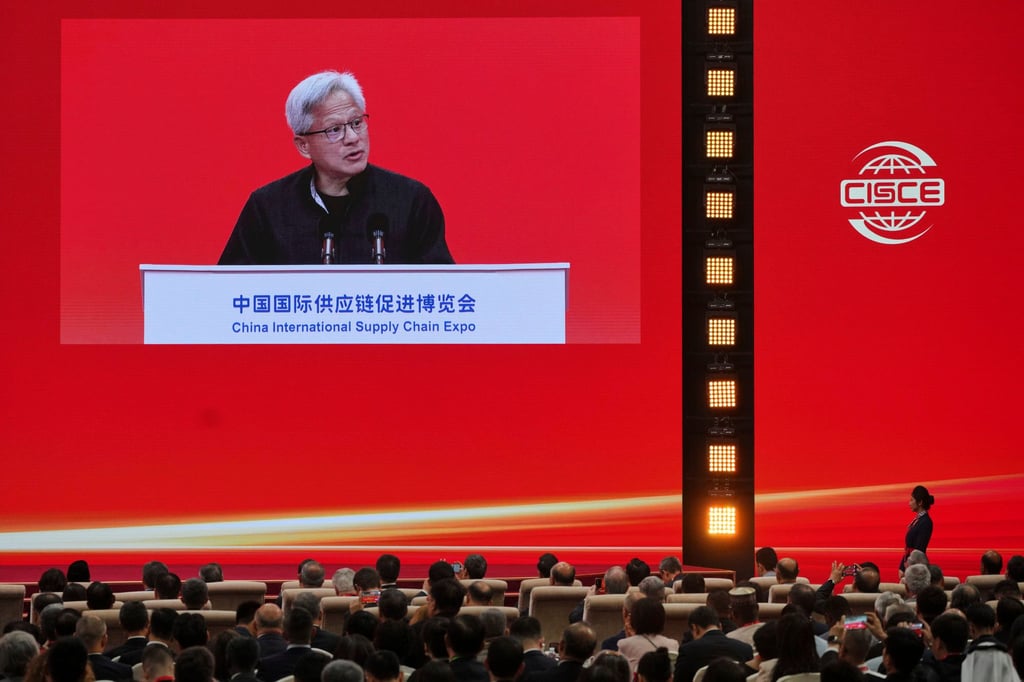 Nvidia CEO Jensen Huang delivers a speech during the opening ceremony of the International Supply Chain Expo in Beijing on Wednesday. Photo: AP