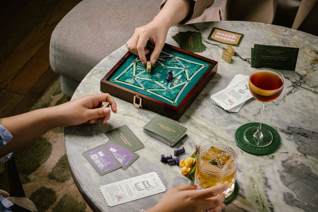 St Regis Bar Hong Kong’s new Tickets to Ride on Trains & Trams menu involves 16 drinks, each corresponding to a “station” on a board game. Photo: Nicolas Wong Sixteen Photography