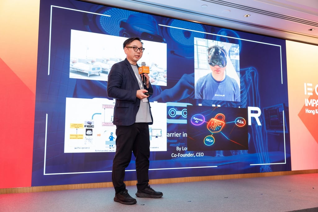 Louis Sze, founder and chief executive of competition winners Syngular Technology, gives his presentation. Photo: SCMP