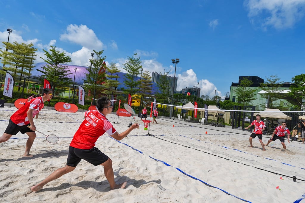 Hong Kong’s AirBadminton team training at the beach court in Kai Tak Sports Park. Photo: Elson Li