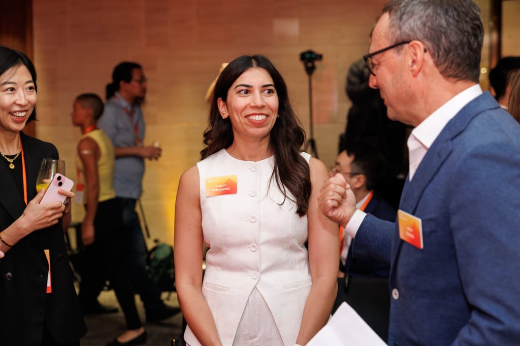 Anjum Rangwala, investment vice-president of EQT Foundation, talks with EQT Asia Chairperson Jean Salata at the grand finale. Photo: SCMP