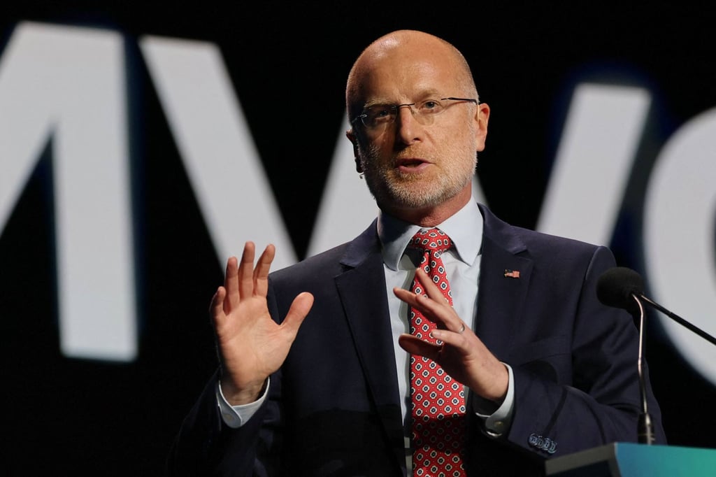 FCC Chairman Brendan Carr delivers a speech at the Mobile World Congress in Barcelona in March 2025. Photo: AFP FCC Chairman Brendan Carr delivers a speech at the Mobile World Congress in Barcelona in March 2025. Photo: AFP