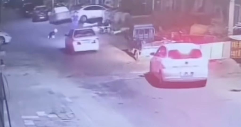 Surveillance footage from a street camera shows a car speeding towards the border collie. Photo: Weibo Surveillance footage from a street camera shows a car speeding towards the border collie. Photo: Weibo