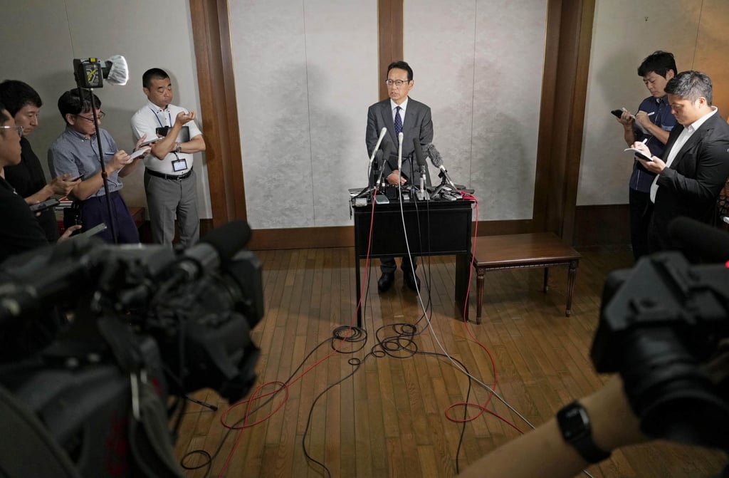 Japanese Ambassador to China Kenji Kanasugi (centre) speaks to reporters in Beijing on Wednesday after a court jailed a Japanese man for spying. Photo: Kyodo Japanese Ambassador to China Kenji Kanasugi (centre) speaks to reporters in Beijing on Wednesday after a court jailed a Japanese man for spying. Photo: Kyodo