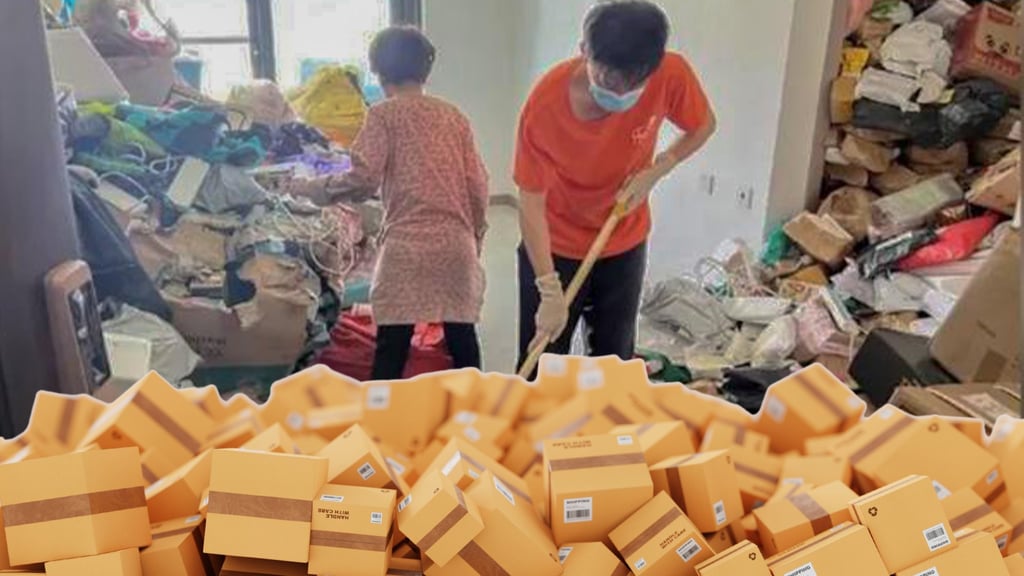 An elderly woman in China has spent US$280,000 online shopping due to an addiction which has left unopened packages stacked ceiling-high at her home. Photo: SCMP composite/Shutterstock/Douyin