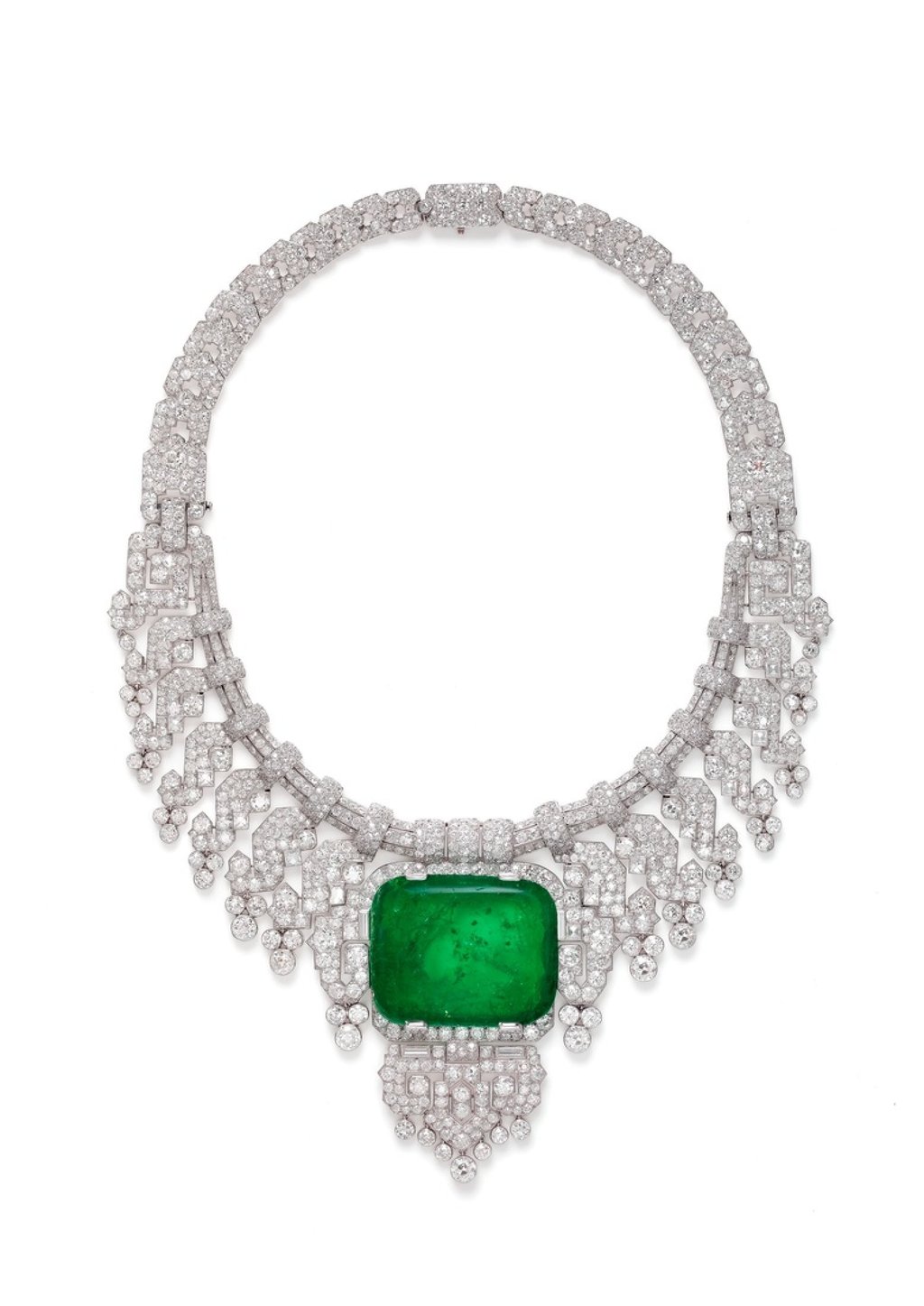 Cartier Collection diamond and platinum necklace with a 143.23-carat emerald, made to special order in 1932. Photo: Handout Cartier Collection diamond and platinum necklace with a 143.23-carat emerald, made to special order in 1932. Photo: Handout