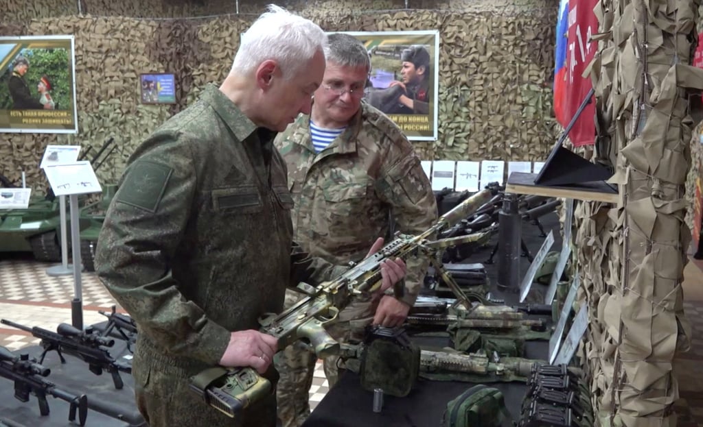 Russian Defence Minister Andrei Belousov inspects a machine gun during his visit to the command centre of the Dnepr troops taking part in the Ukraine war in an undisclosed location on July 11. Photo: Russian Defence Ministry/Reuters Russian Defence Minister Andrei Belousov inspects a machine gun during his visit to the command centre of the Dnepr troops taking part in the Ukraine war in an undisclosed location on July 11. Photo: Russian Defence Ministry/Reuters