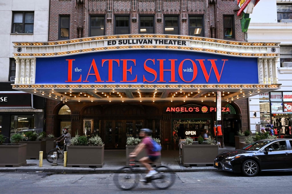 A marquee featuring “The Late Show with Stephen Colbert” is seen outside the Ed Sullivan Theatre in New York on Friday. Photo: AFP