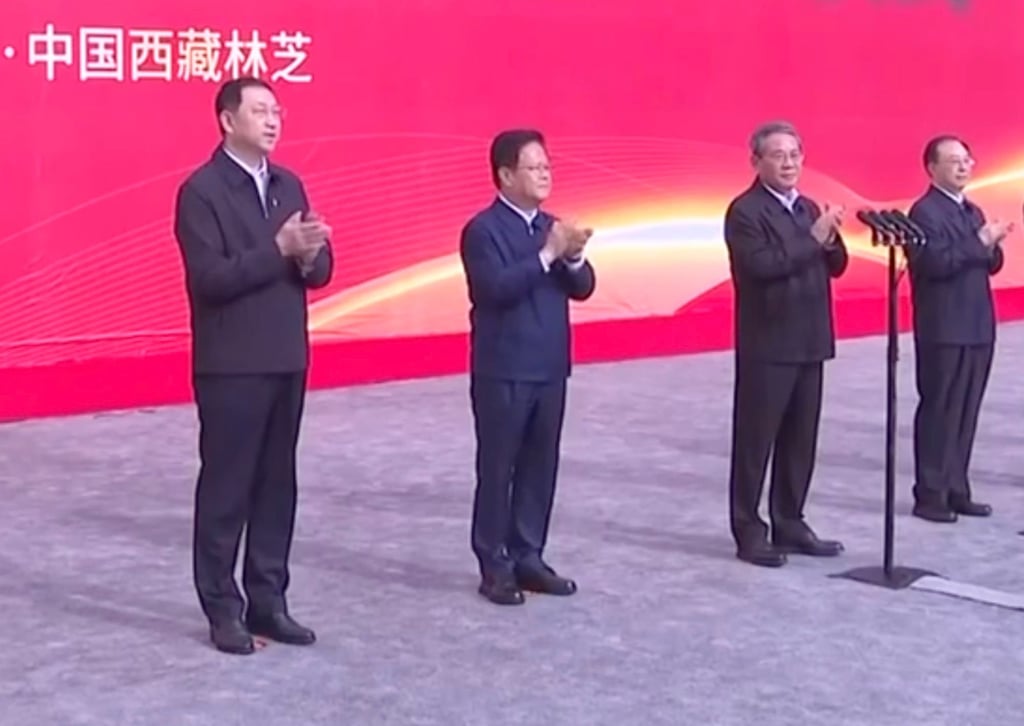 Premier Li Qiang (second from right) at the groundbreaking ceremony in Nyingchi city on Saturday. Photo: CCTV Premier Li Qiang (second from right) at the groundbreaking ceremony in Nyingchi city on Saturday. Photo: CCTV