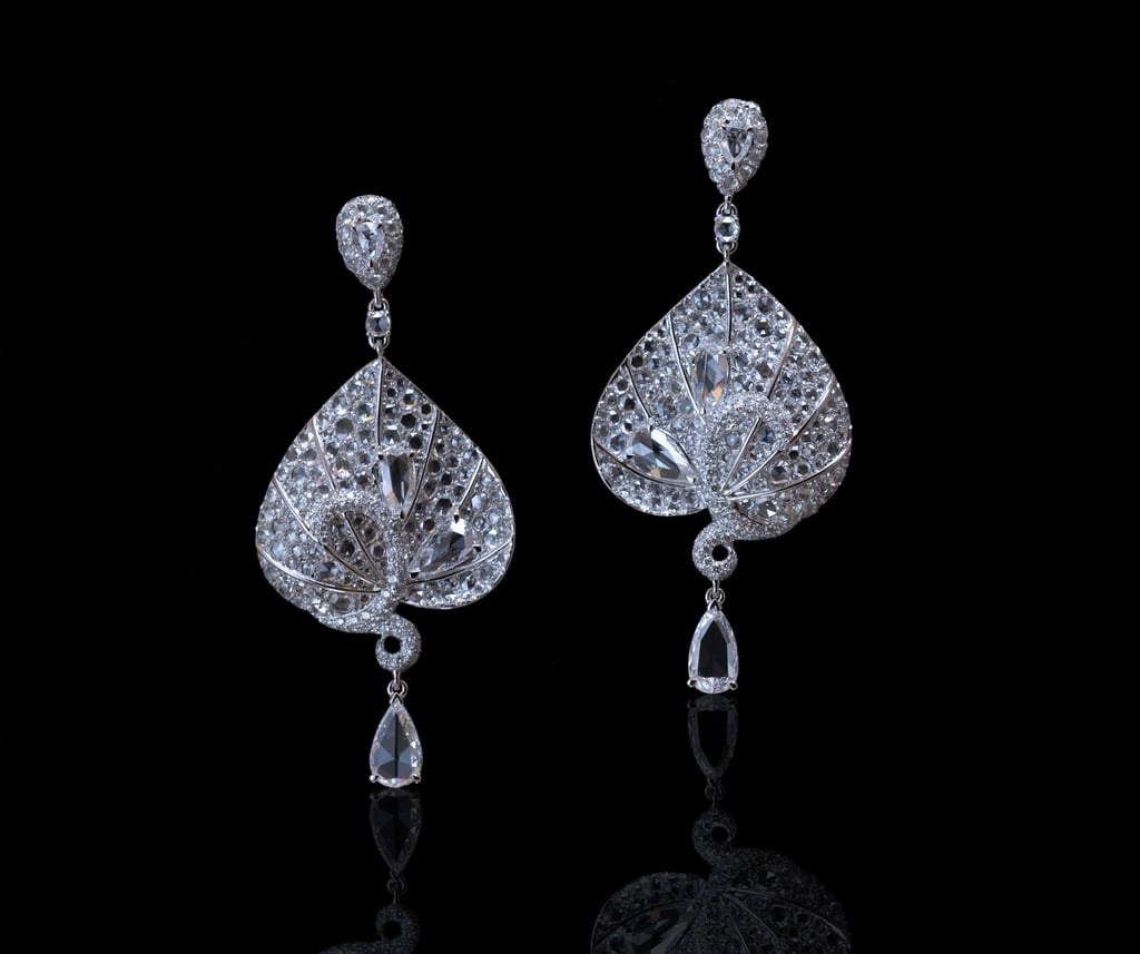 The Shimmering Ipomoea Leaf earrings in platinum, white gold and diamonds, from Carnet Jewellery. Photo: Handout