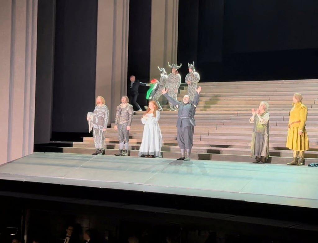 Someone backstage tries to grab the flag, but the performer holds onto it. Photo: @sydcas via Reuters Someone backstage tries to grab the flag, but the performer holds onto it. Photo: @sydcas via Reuters