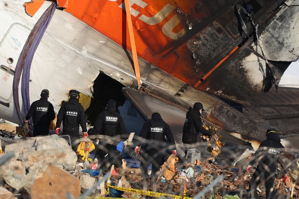 Forensic experts, police investigators and firefighters work at the site of the deadly plane crash at Muan International Airport on December 29 last year. Photo: YNA/dpa Forensic experts, police investigators and firefighters work at the site of the deadly plane crash at Muan International Airport on December 29 last year. Photo: YNA/dpa