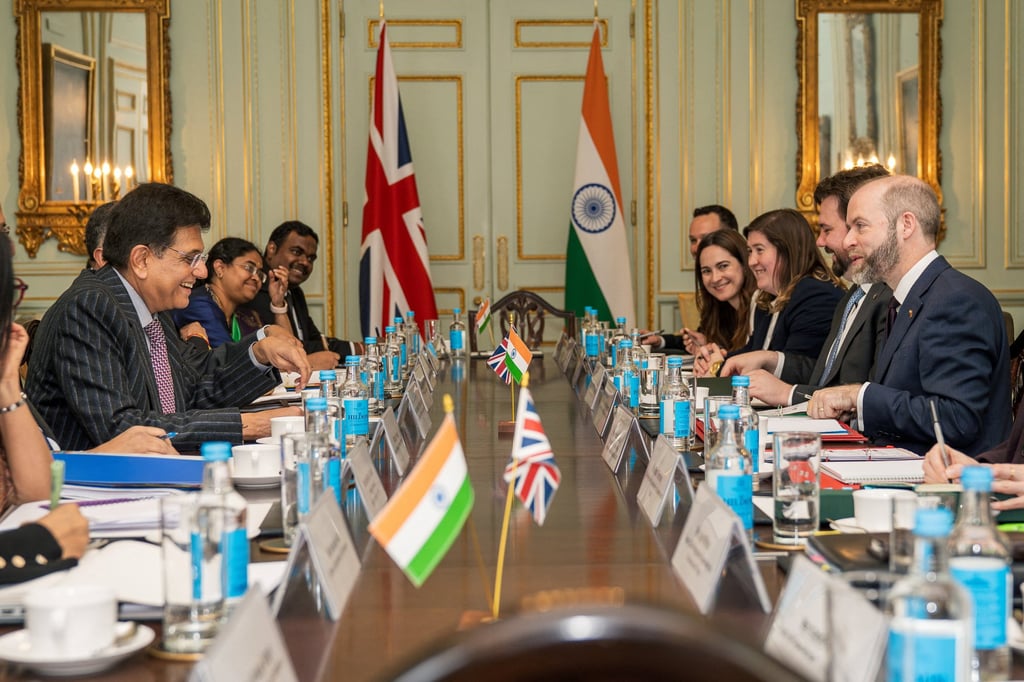 Britain’s Business and Trade Secretary Jonathan Reynolds meets Indian Commerce Minister Piyush Goyal for trade talks in London on April 28. Photo: Reuters Britain’s Business and Trade Secretary Jonathan Reynolds meets Indian Commerce Minister Piyush Goyal for trade talks in London on April 28. Photo: Reuters