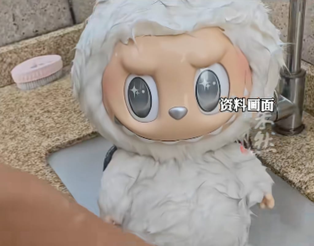Bath time: This particular Labubu toy looks none too pleased to be in a sink. Photo: Douyin Bath time: This particular Labubu toy looks none too pleased to be in a sink. Photo: Douyin