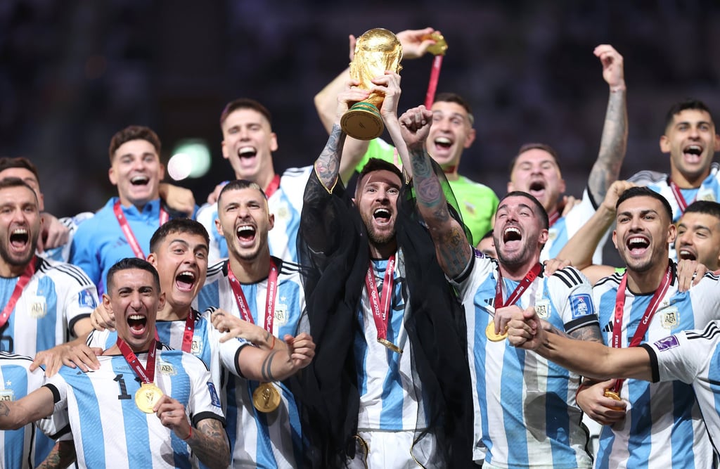 Argentina’s Lionel Messi lifts the World Cup after the final at Lusail Stadium, Qatar, in 2022. Photo: Getty Images