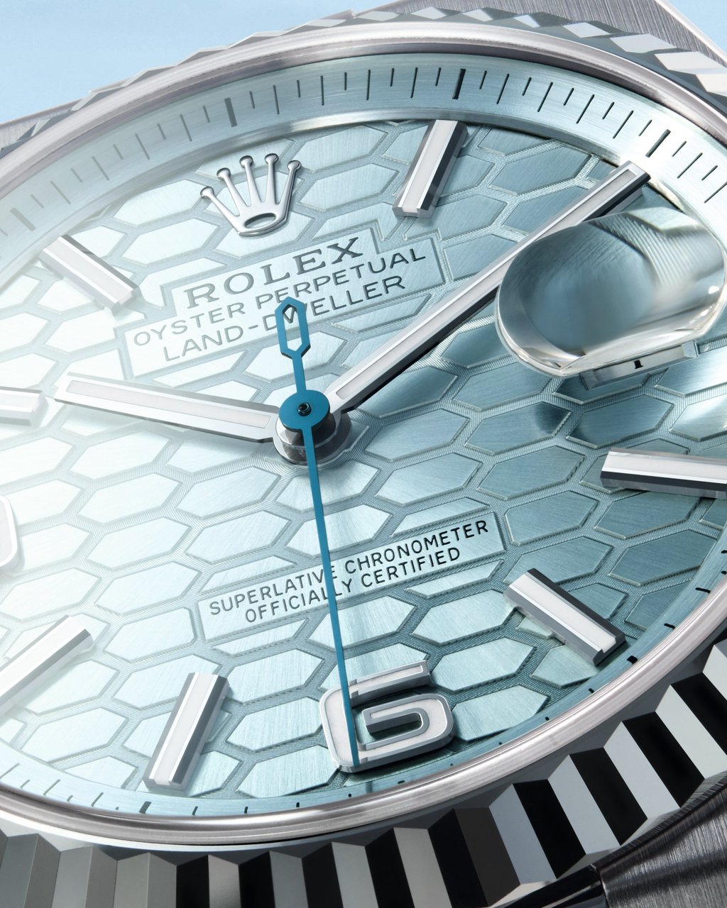 Close-up of the ice blue dial of the Rolex Oyster Perpetual Land-Dweller 40. Photo: Handout