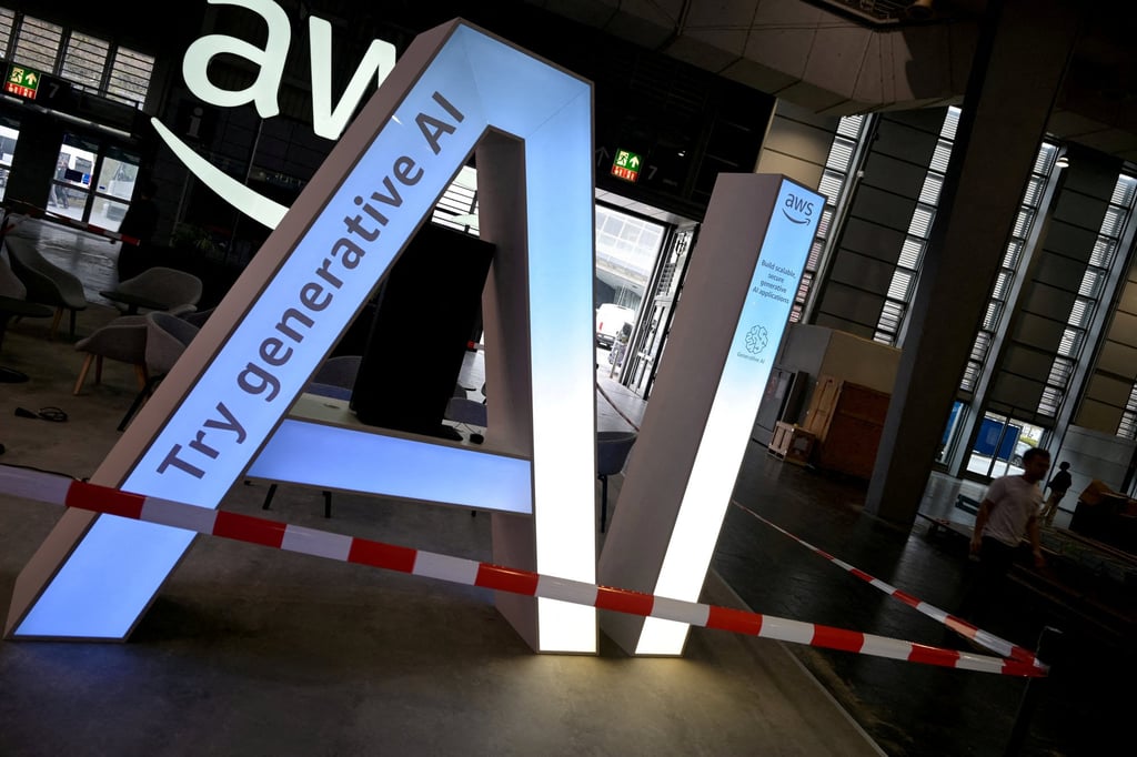 The letters AI seen at the booth of AWS ahead of the opening of Hannover Messe, in Germany, March 30, 2025. Photo: Reuters The letters AI seen at the booth of AWS ahead of the opening of Hannover Messe, in Germany, March 30, 2025. Photo: Reuters