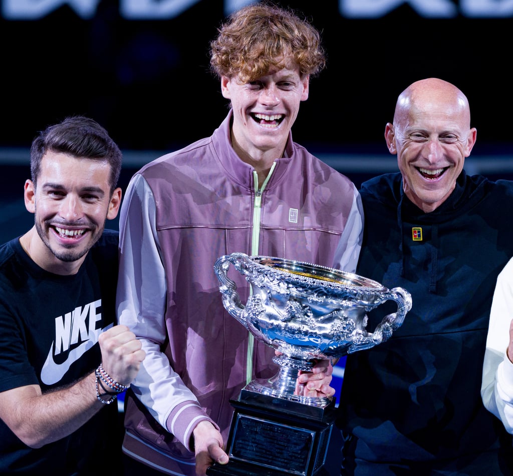 From left, Giacomo Naldi, Jannik Sinner and Umberto Ferrara at the Australian Open last year. Photo: Getty Images