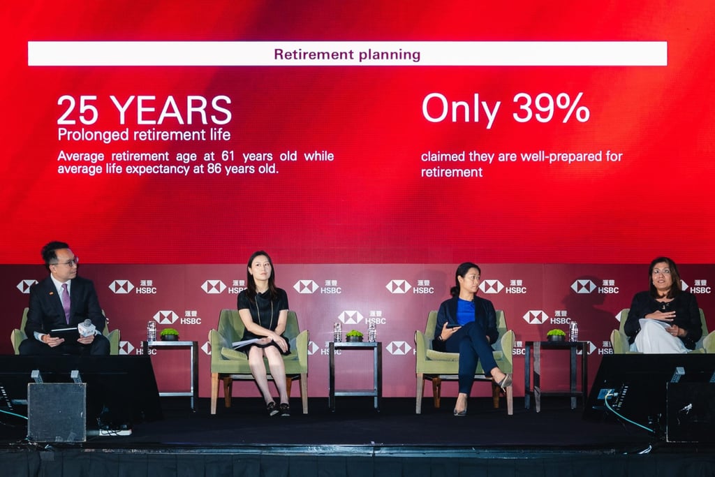 From left: Moderator Geoffrey Au, chief product and in-force officer, HSBC Life Hong Kong and Macau; Dr Christine Huang, founder and CEO, Quantum Life; Mandy Lui, managing director and head of Greater China wealth, BlackRock; and Gopi Mirchandani, CEO, Hong Kong and head of client group, Asia, Schroders.