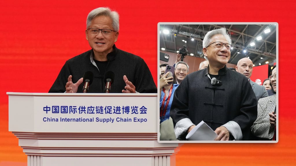 Nvidia CEO Jensen Huang captivates millions of Chinese fans with a charm offensive that includes wearing a Tang suit and speaking imperfect Mandarin. Photo: SCMP composite/AP/Kyodo