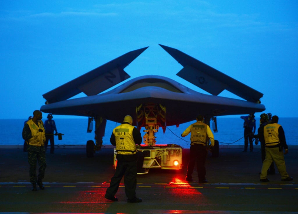 An X-47B Unmanned Combat Air System drone seen aboard the aircraft carrier USS George H.W. Bush in 2013. The US X-47B programme was cancelled 10 years ago. Photo: AFP
