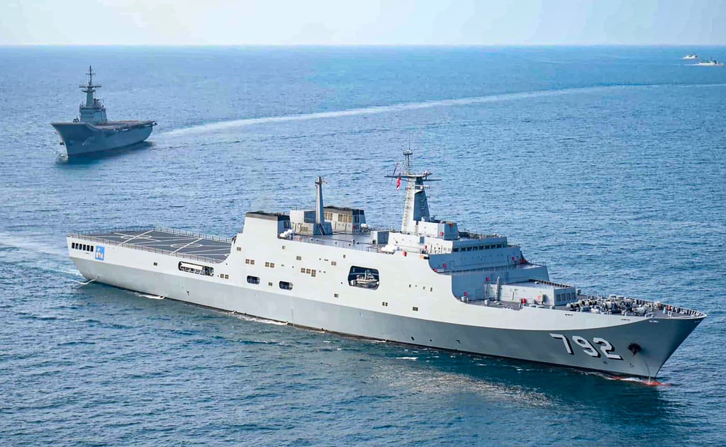HTMS Chang (front) and HTMS Chakri Naruebet of the Royal Thai Navy. It is unclear which ships were deployed to patrol the coast on Saturday. Photo: Royal Thai Navy