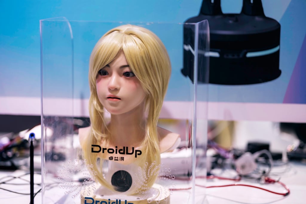 A humanoid robot head stands on display on the DroidUp booth during the WAIC. Photo: EPA A humanoid robot head stands on display on the DroidUp booth during the WAIC. Photo: EPA