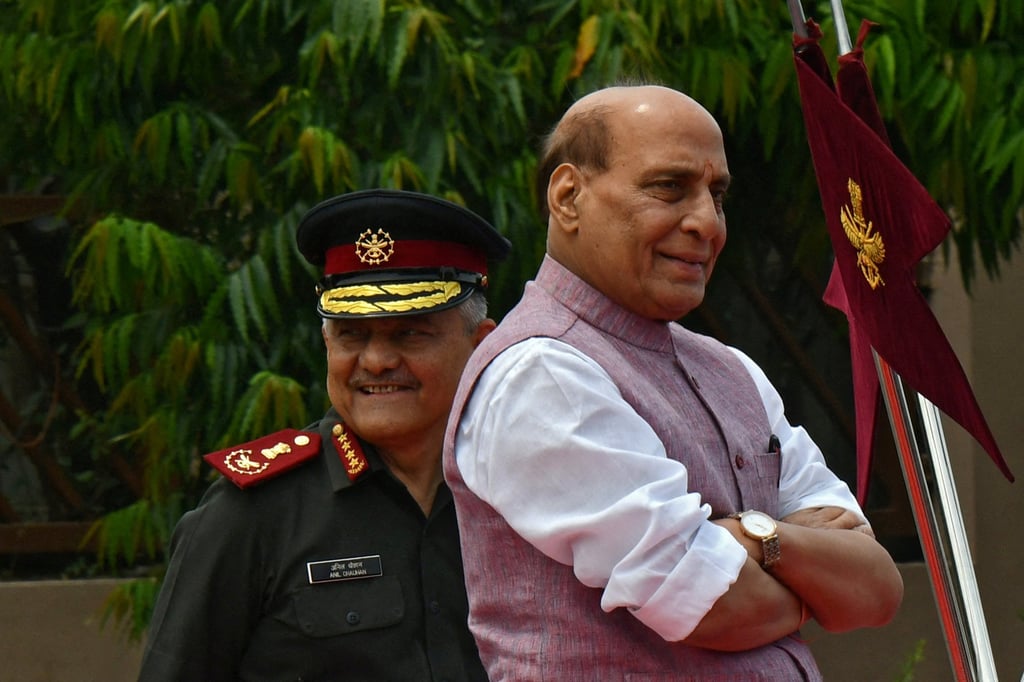 India’s Defence Minister Rajnath Singh (right) on May 5. Singh has rejected US President Donald Trump’s claim that he brokered the truce between India and Pakistan. Photo: Reuters