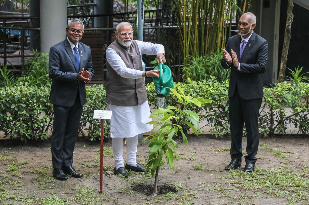 India’s Prime Minister Narendra Modi (centre) plants a tree sapling during his state visit in Male on July 25 as the Maldives’ President Mohamed Muizzu looks on. Photo: AFP India’s Prime Minister Narendra Modi (centre) plants a tree sapling during his state visit in Male on July 25 as the Maldives’ President Mohamed Muizzu looks on. Photo: AFP
