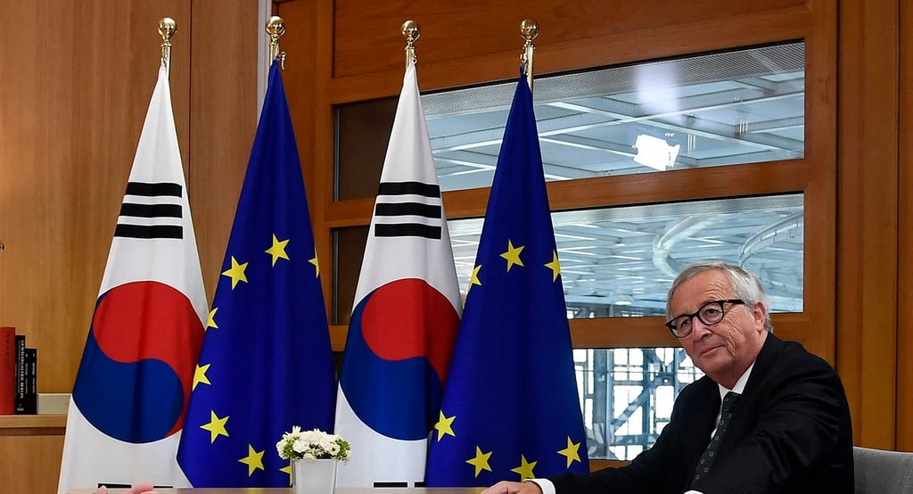 EU and South Korean flags at a summit meeting in 2018 with then European Commission president Jean-Claude Juncker. Photo: AFP EU and South Korean flags at a summit meeting in 2018 with then European Commission president Jean-Claude Juncker. Photo: AFP