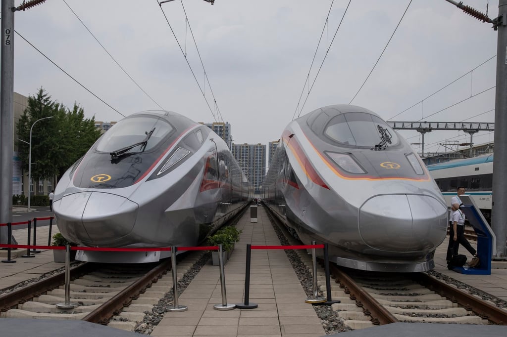 China’s CR450AF EMU (left) and CR400AF-S EMU trains are displayed at the 12th UIC High-Speed Railway Congress at the National Railway Test Centre in Beijing on July 9. Photo: EPA China’s CR450AF EMU (left) and CR400AF-S EMU trains are displayed at the 12th UIC High-Speed Railway Congress at the National Railway Test Centre in Beijing on July 9. Photo: EPA