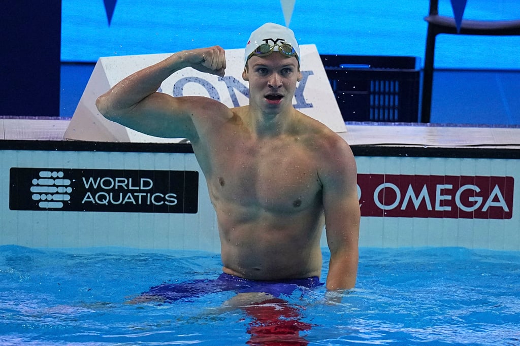 Leon Marchand after his record-breaking swim in the 200m individual medley. Photo: AP Leon Marchand after his record-breaking swim in the 200m individual medley. Photo: AP