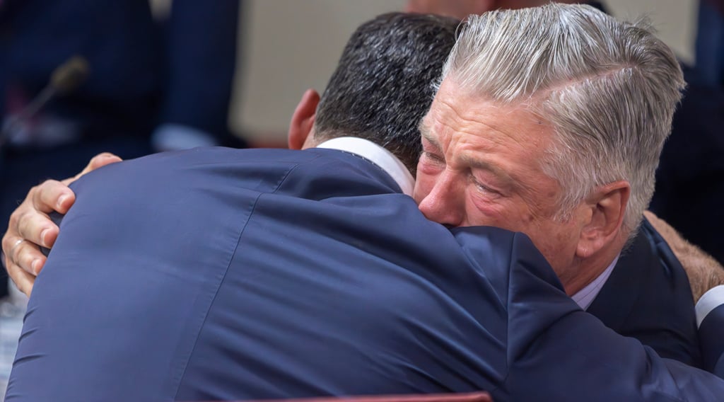 Actor Alec Baldwin (right) hugs his defence lawyer, Alex Spiro, after a District Court judge threw out the involuntary manslaughter case on July 12, last year, in Santa Fe. Photo: AP