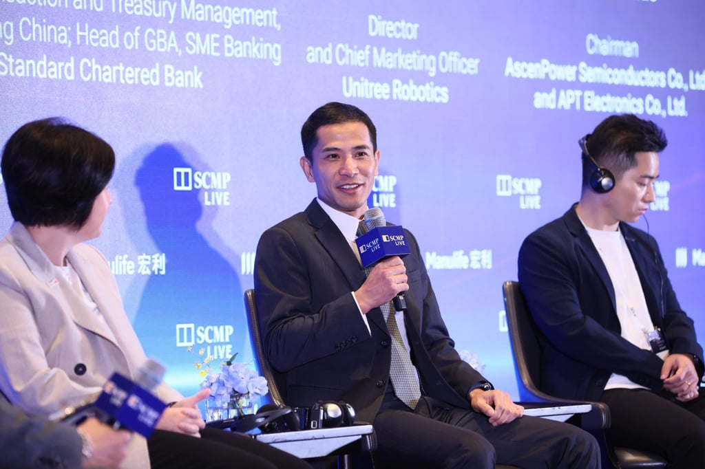 Panellist Jackson Qiu, Standard Chartered’s head of transaction and treasury management, and head of Greater Bay Area, SME Banking, discusses how mainland Chinese SMEs are increasingly interested in expanding overseas during China Conference 2025. Photo: SCMP
